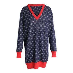 Gucci Bicolor Logo Patterned Knit Sweater Dress in Blue Wool